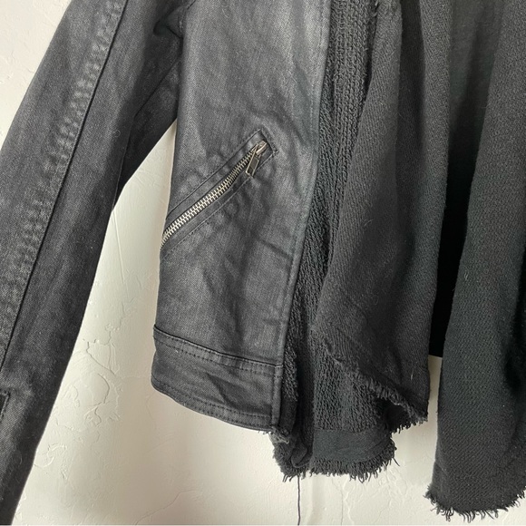 Free People Jacket Coat Coated Black Drape Front Zipper Fringe Distressed Moto - Picture 6 of 11